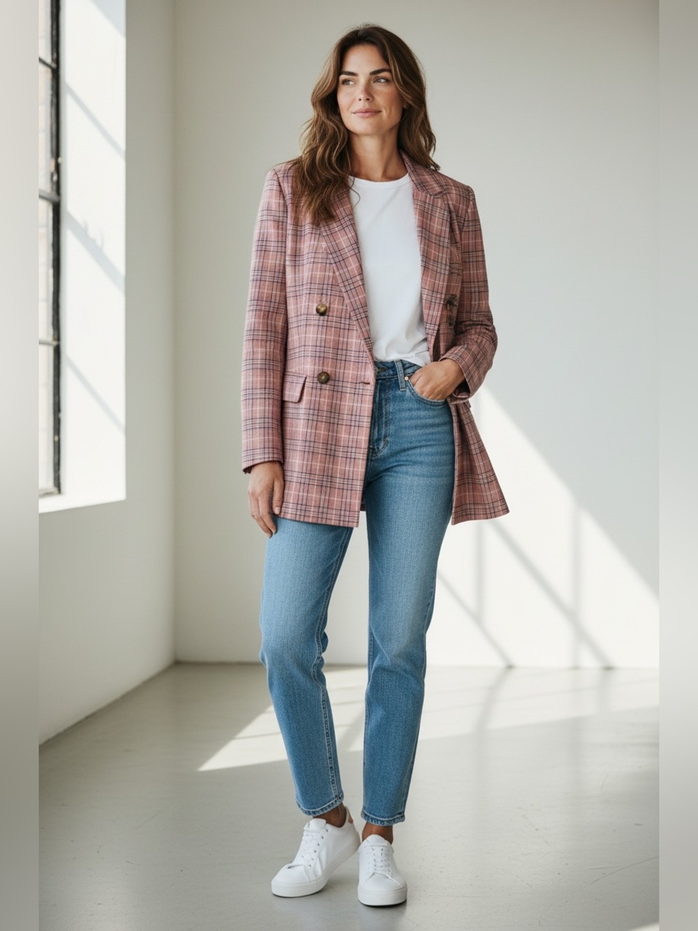 Nic & Jo Women’s Plaid Blazer – Classic Double-Breasted Style. Medium